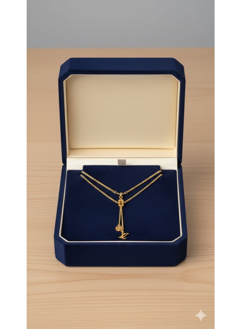 WARD Elegant Gold-Tone Stainless Steel Y-Shaped Chain for Women with Classic Logo Charms. - Image 4
